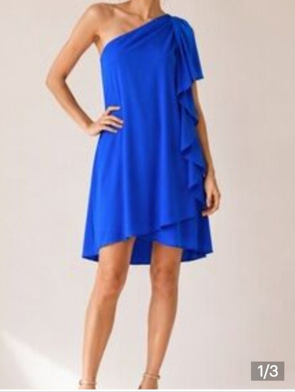 Alex Marie 1 Shoulder Chantal Asymetrical Ruffle Dress Cobalt Blue Size 12 NWT
